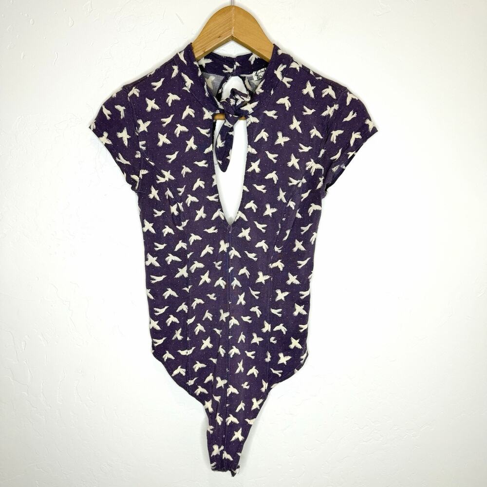 Intimately Free People Billie Bird Plunge Bodysuit Womens XS Purple Cap Sleeve
